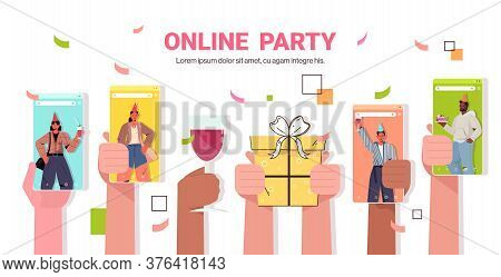 Mix Race People In Smartphone Screens Celebrating Online Birthday Party During Video Call Celebratio