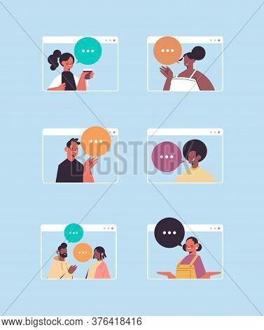 People Chatting During Video Call Men Women Having Virtal Live Conference In Computer Windows Self I