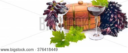 Barrel, Glasses Of Wine And Ripe Grapes Isolated On A White Background. Wide Photo. Free Space For T