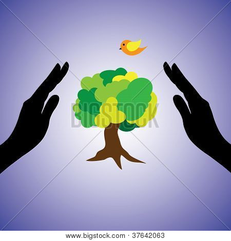 Illustrazione del concetto di salvare la natura e l'Environemnt. Questo grafico utilizza mano femminile Silhouettes