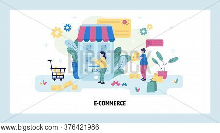 Woman Buy Product Online Usoing Her Mobile Phone. Ecommerce Concept Illustration. Online Shop. Vecto
