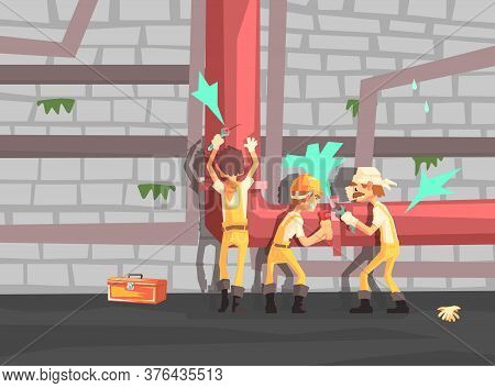Team Of Professional Plumbers Fixing Leakage, Construction Workers In Uniform Repairing Pipeline Vec