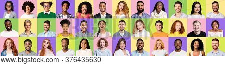 Positive Emotions Collage. Set Of Muticultural People Faces Smiling And Laughing On Colorful Studio 