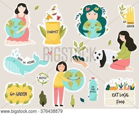 Set Of Colorful Stickers With Eco Friendly Slogans And Illustrations.