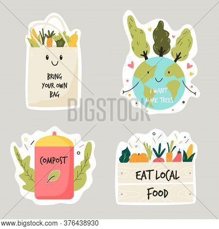Set Of Colorful Stickers With Eco Friendly Slogans And Illustrations.