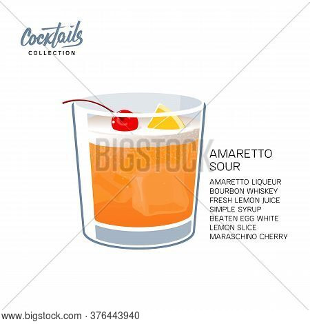 Amaretto Sour Cocktail Drink Lemon Cherry Vector Illustration