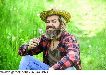 Happy And Carefree Life. Peace Of Mind. Rest And Relax. Make Wish. Peaceful Man In Straw Summer Hat.