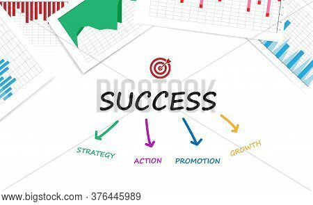 Business Success Vector Illustration With Statistics Charts And Words On White Background. Corporate