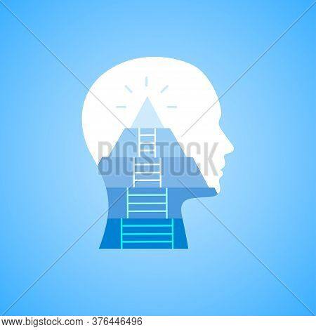 Career Mindset And Self-growth. Illustration Of Human Head With Ladder Leading To The Top Of Mountai