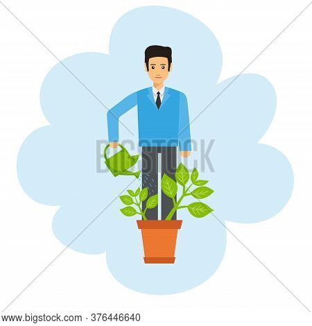 Self Growth Conceptual Illustration With Businessman Watering Himself Like A Plant In A Pot Over Whi