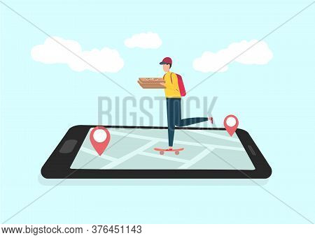 Delivery Trecking Concept. Pizza Delivery Guy Riding Skateboard By Map On Smartphone Screen, Illustr
