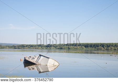 Sinking Boat, An Abaondoned Passenger Ship, Rusting In The Waters Of The Danube River In Serbia, Dur