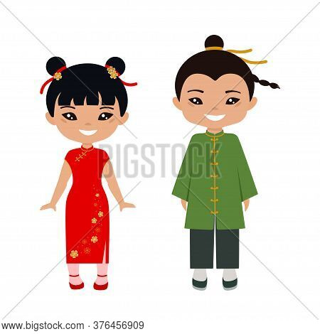 Cute Characters Chibi Kawaii In National Costume Of China. Flat Cartoon Style