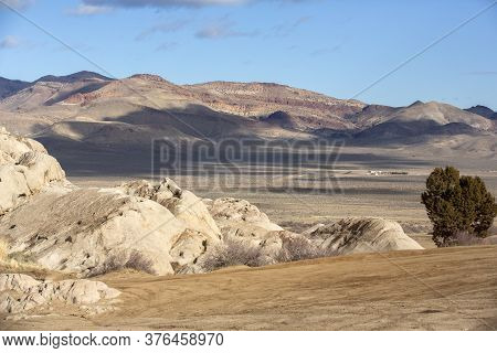Sunny Day Among Rock Fields Trees And Desert Looking Out From Moonrocks Nevada