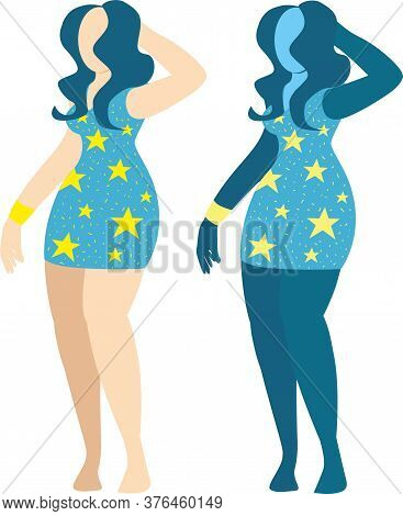 Sexy Attractive Female Model Plus Size. Elegant Body Pozitive Woman Xxl Size In Blue Mini Dress With