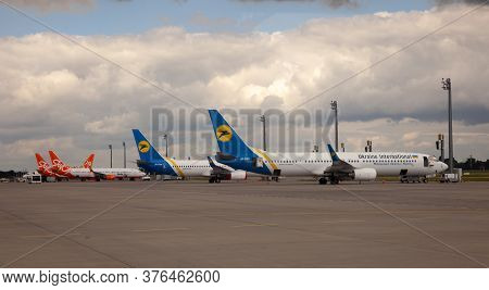Ukraine, Kyiv - July 8, 2020: Passenger Aircraft Uia Airlenes. Boryspil International Airport. Many 