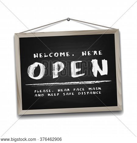 Open Sign On Black Chalkboard In Wooden Frame. Information Sign For Front The Door About Working Aga