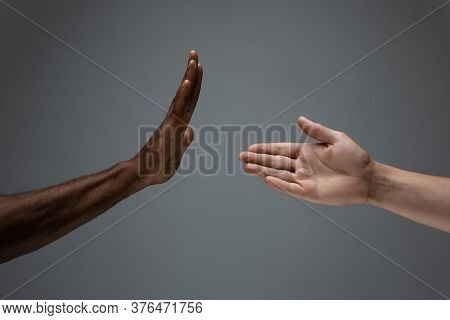Stop Accusation. Racial Tolerance. Respect Social Unity. African And Caucasian Hands Gesturing On Gr