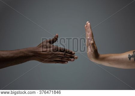Stop Shaming. Racial Tolerance. Respect Social Unity. African And Caucasian Hands Gesturing On Gray 