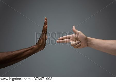 Stop Shaming. Racial Tolerance. Respect Social Unity. African And Caucasian Hands Gesturing On Gray 
