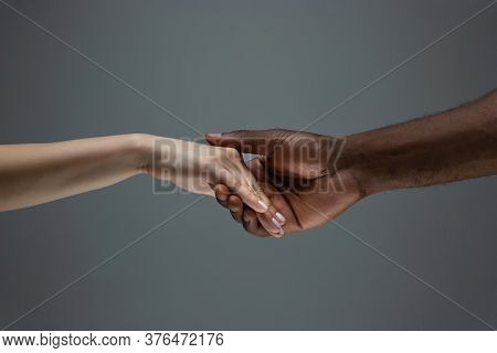 Romance, Relations. Racial Tolerance. Respect Social Unity. African And Caucasian Hands Gesturing On