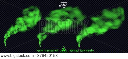 Green Smoke Set 4 Isolated On Transparent Background. Magic Mist Cloud, Chemical Toxic Gas, Steam Wa