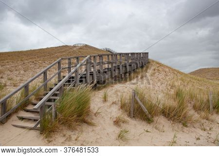 The Wooden Stairs On The 26 M High Panorama Dune Without Tourists After The Coronavirus Pandemic. Th