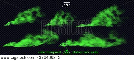 Green Smoke Set 5 Isolated On Transparent Background. Magic Mist Cloud, Chemical Toxic Gas, Steam Wa