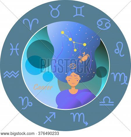 Vector Illustration Of The Zodiac Sign By Horoscope. A Girl With Long Hair Of The Starry Sky And The