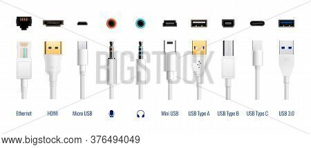 White Usb Types Port Plug In Cables Set With Realistic Images Of Connectors With Text Captions Vecto