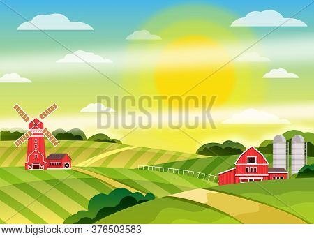 Farm Vector Landscape With Mill, Sun, Road, Green Hills, Barn, Clouds, Sky, Fields. Countryside Rura