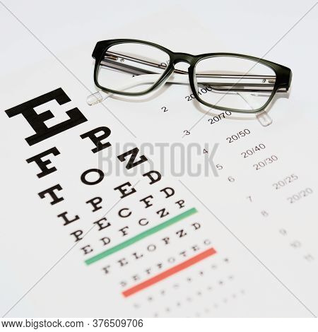 Spectacles In Folded State On Table To Check Visual Acuity