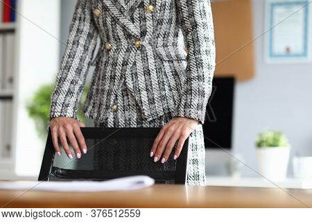 Close-up Of Businesswoman With Nice Manicure. Lady Touching Office Chair. Worker In Modern Cabinet. 