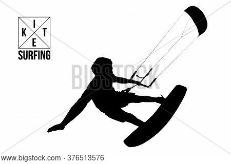 Kiteboarding. Silhouette Of A Kitesurfer. Man In A Jump Performs A Trick. Big Air Competition. Vecto