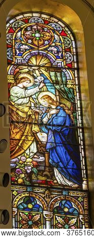 San Antonio, Texas - October 8, 2019 Annunciation Virgin Mary Angel Stained Glass Saint Mary's Catho