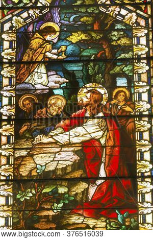 San Antonio, Texas - October 8, 2019 Jesus Christ Garden Gethsemane Angels Stained Glass Saint Mary'