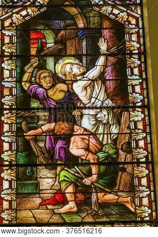 San Antonio, Texas - October 8, 2019 Jesus Christ Whipped Prior Crucifixion Stained Glass Saint Mary
