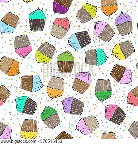 Stylized Seamless Pattern With Muffin And Cherry For Texture, Textiles, Packaging And Background