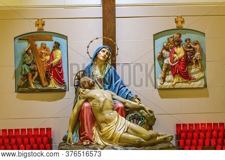 San Antonio, Texas - October 8, 2019 Pieta Mary Jesus Statue Saint Mary's Catholic Church San Antoni