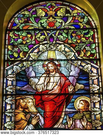 San Antonio, Texas - October 8, 2019 Resurrection Ascension Jesus Christ Stained Glass Saint Mary's 