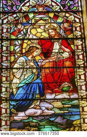 San Antonio, Texas - October 8, 2019 Coronation Virgin Mary Jesus Christ Stained Glass Saint Mary's 