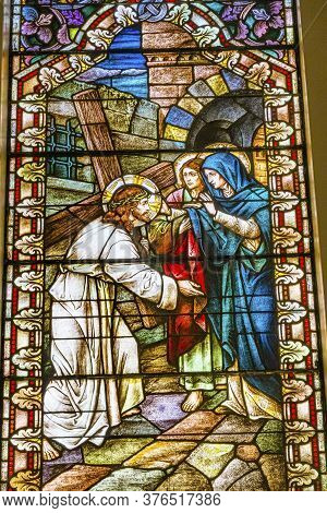 San Antonio, Texas - October 8, 2019 Jesus Christ Carrying Cross Virgin Mary Stained Glass Saint Mar