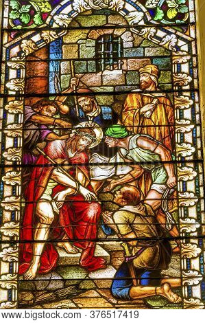 San Antonio, Texas - October 8, 2019 Romans Mocking Jesus Christ Stained Glass Saint Mary's Catholic