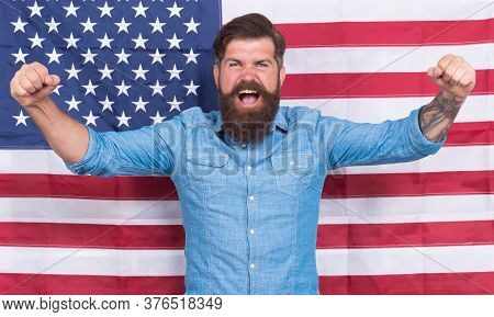 Happy Man Feel Success. Successful Usa Trip. Patriotic And National Glory. English Study Speak. Expr