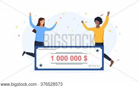 Two Diverse Young Lottery Winners Celebrating A Million Dollar Win Cheering And Laughing, Colored Ve