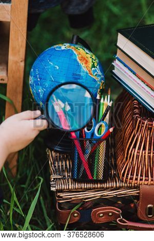 Back To School - School Equipment And Books On The Basket. Soft Focus