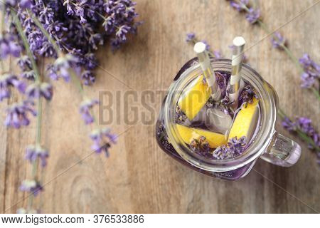 Fresh Delicious Lemonade With Lavender In Masson Jar On Wooden Table, Top View