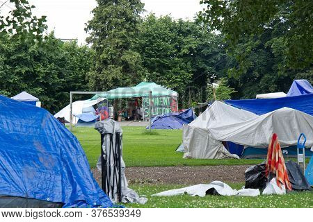 Vancouver, Canada - July 4, 2020: View Of Strathcona Park In Downtown Vancouver Full Of Tents And Ho