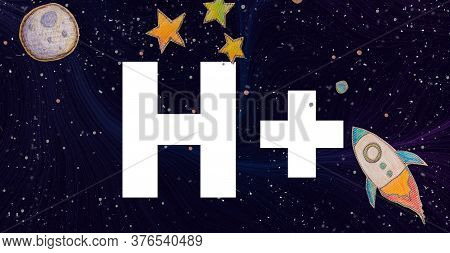 Humanity Plus Theme With Space Background With A Rocket, Moon, And Stars