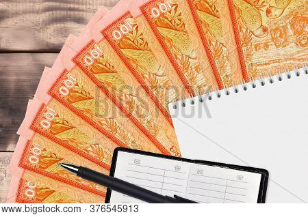 100 Sri Lankan Rupees Bills Fan And Notepad With Contact Book And Black Pen. Concept Of Financial Pl